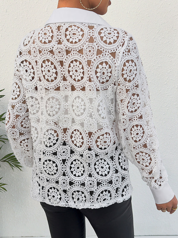 Women's Long Sleeve Lace V Neck Shirt – detail view