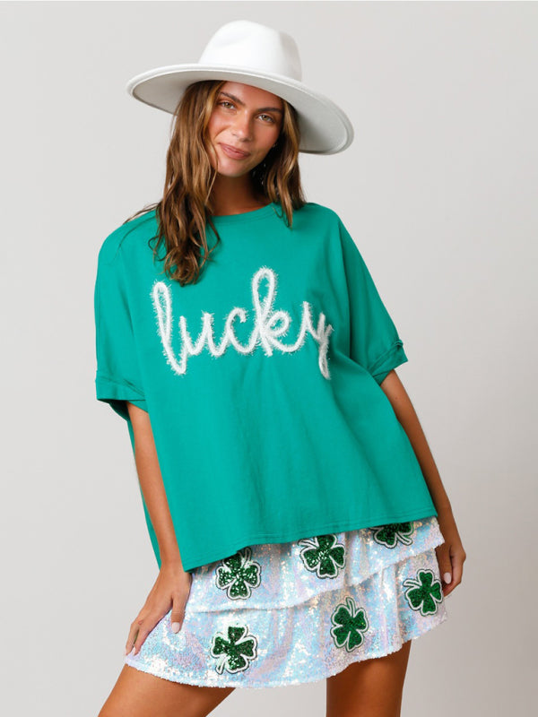 Women's St. Patrick's lucky sequined top loose T-shirt