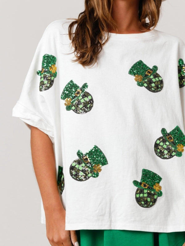T-shirt ample à paillettes pour femme, motif chapeau de la Saint-Patrick 