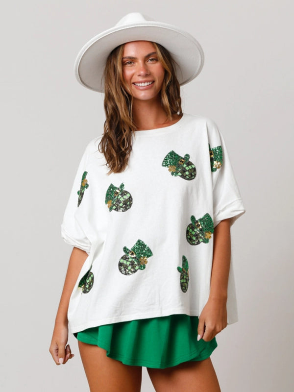 T-shirt ample à paillettes pour femme, motif chapeau de la Saint-Patrick 