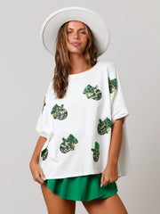 T-shirt ample à paillettes pour femme, motif chapeau de la Saint-Patrick 