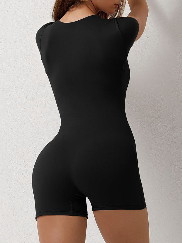 Neuer eng anliegender Yoga-Sport-Jumpsuit mit Schulterärmeln und Shorts 