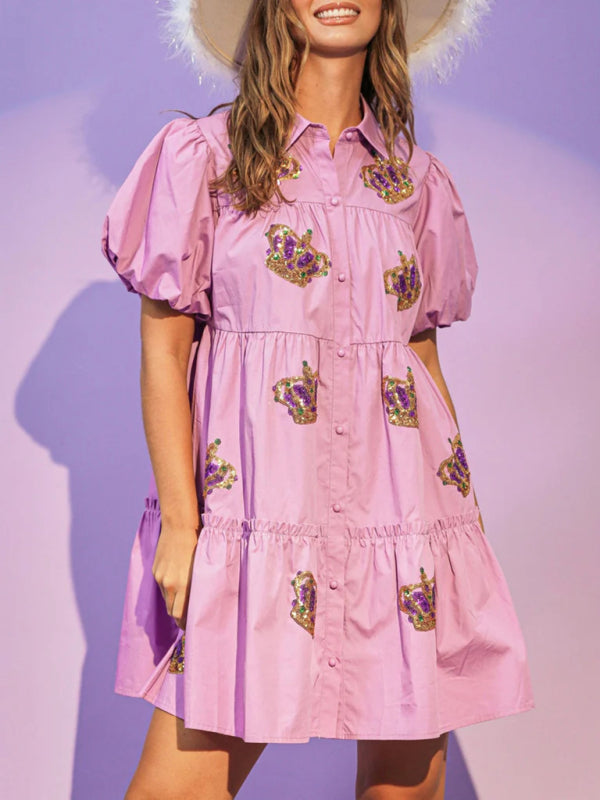 Damen-Hemdkleid mit Pailletten und Puffärmeln 