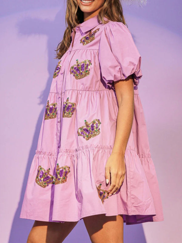 Damen-Hemdkleid mit Pailletten und Puffärmeln 