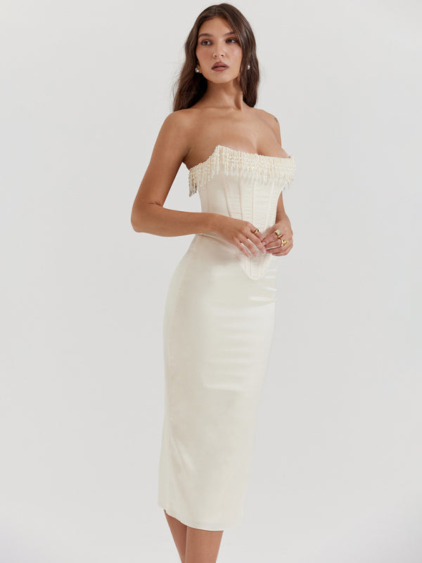 Sexy ärmelloses, einfarbiges, schulterfreies Perlmuttkleid mit Fischgrätenmuster und Schlitz für Damen 