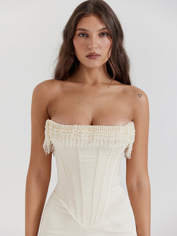Sexy ärmelloses, einfarbiges, schulterfreies Perlmuttkleid mit Fischgrätenmuster und Schlitz für Damen 