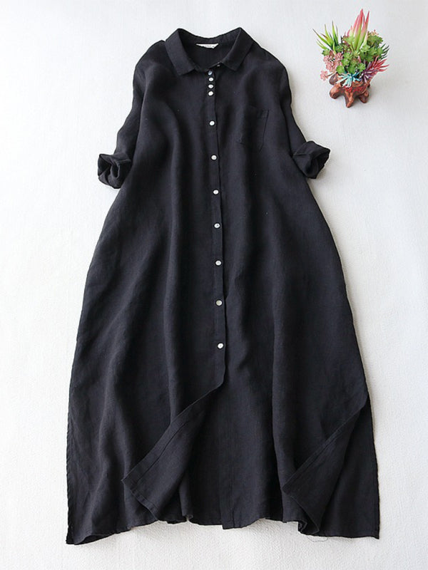Neues schlichtes, locker geschnittenes Hemdblusenkleid für Damen mit Dreiviertelärmeln und Reverskragen 