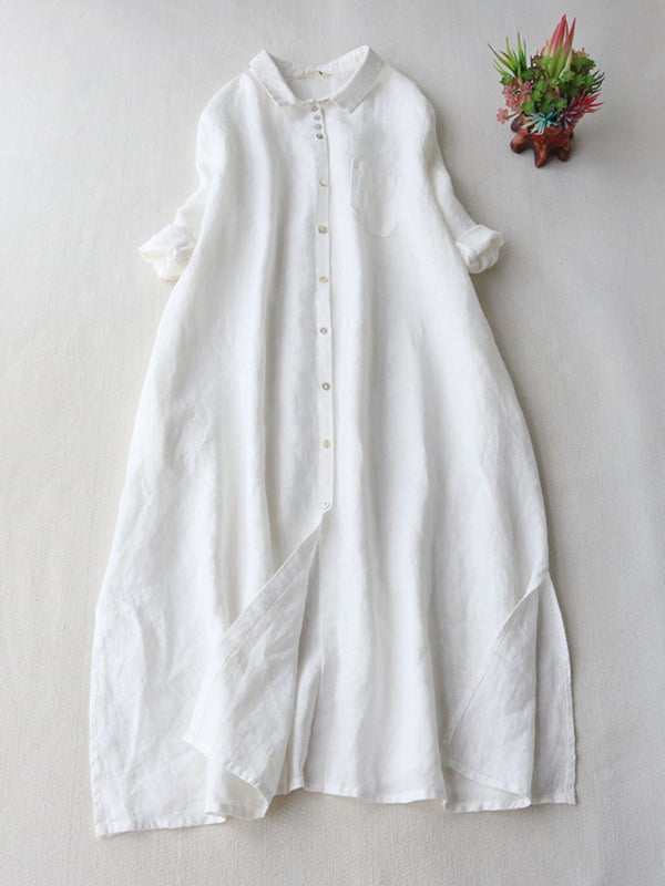 Neues schlichtes, locker geschnittenes Hemdblusenkleid für Damen mit Dreiviertelärmeln und Reverskragen 