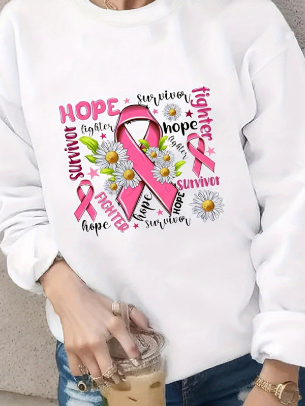 Nouveau sweat-shirt décontracté à manches longues imprimé ruban rose 