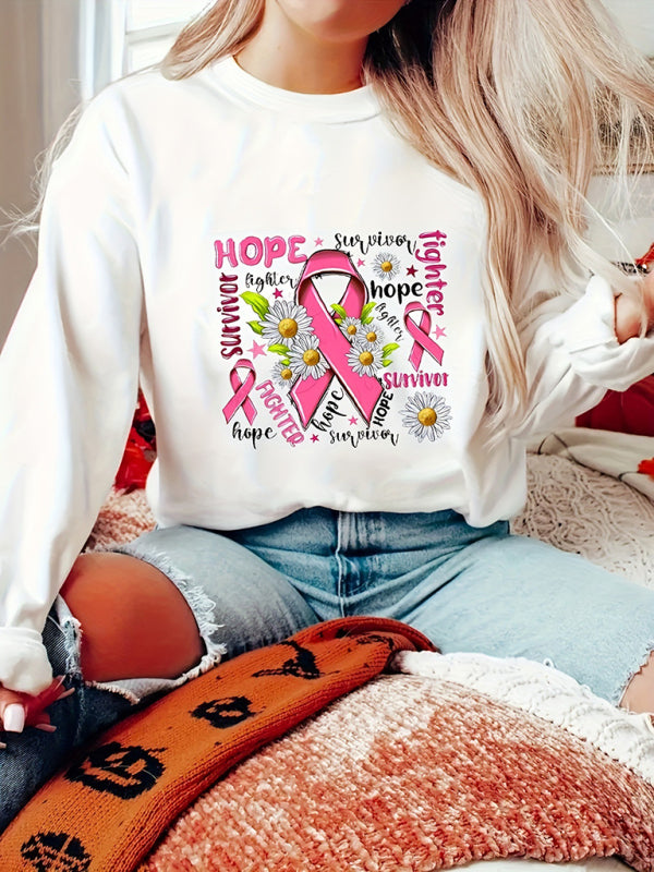 Nouveau sweat-shirt décontracté à manches longues imprimé ruban rose 