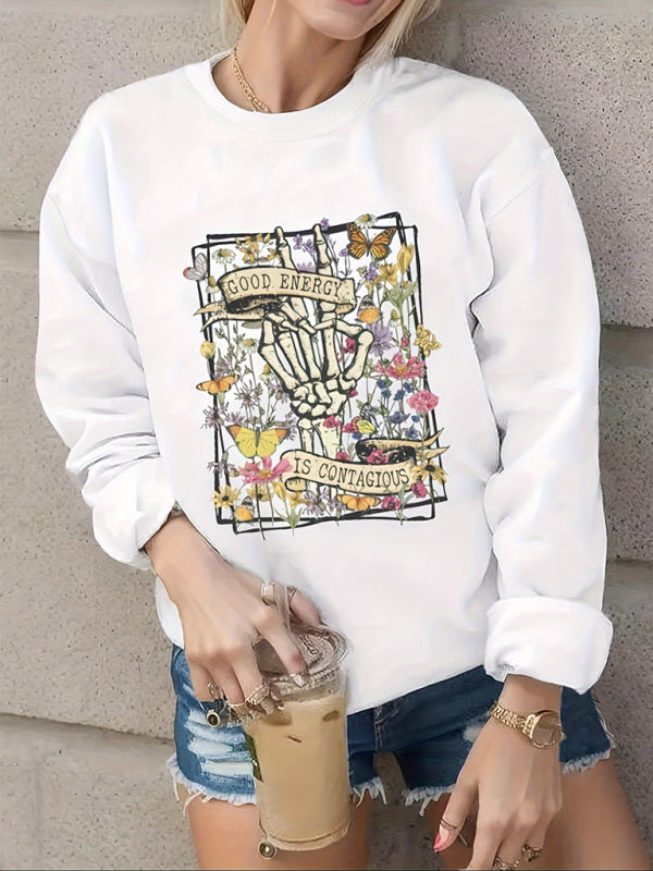 Nouveau sweat-shirt tendance à manches longues imprimé tête de mort, ample et décontracté, style sport. 