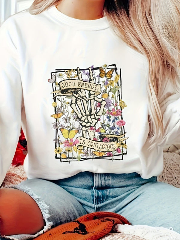 Nouveau sweat-shirt tendance à manches longues imprimé tête de mort, ample et décontracté, style sport. 