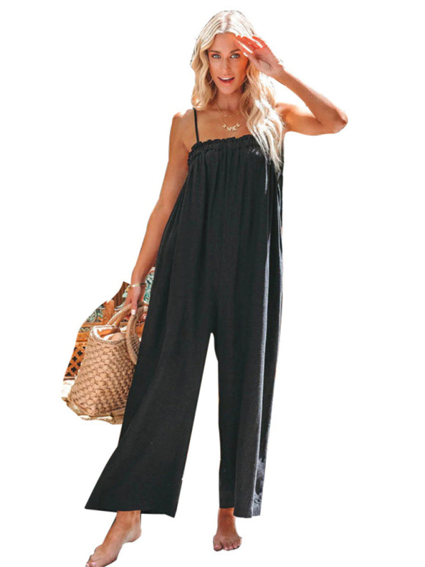 Neuer, lockerer, hochtaillierter Jumpsuit mit weitem Bein und Hosenträgern 