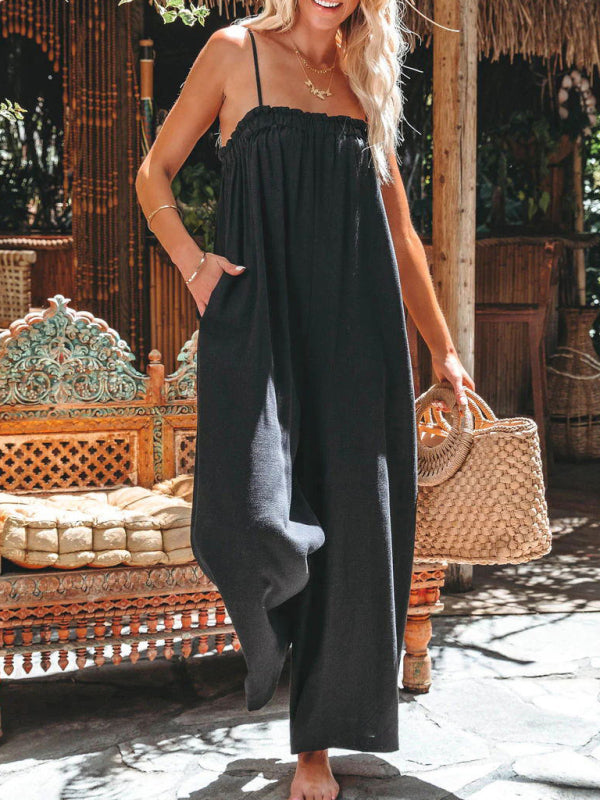 Neuer, lockerer, hochtaillierter Jumpsuit mit weitem Bein und Hosenträgern 