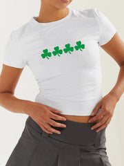 Women's St. Patrick's Day Green Leaf Print Round Neck Short T-Shirt (Multiple Pictures Available)