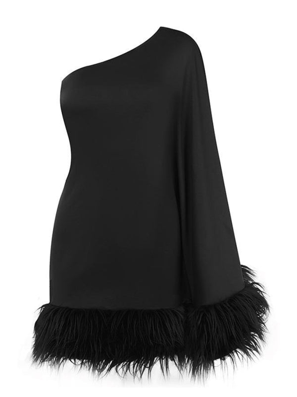 Sexy Damen-Cape-Kleid mit One-Shoulder-Ausschnitt und pelzbesetztem Saum 