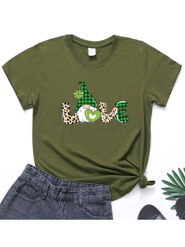 Neues Kurzarm-T-Shirt für Damen mit Leopardenmuster, Liebes- und Kleeblattprint zum St. Patrick's Day 