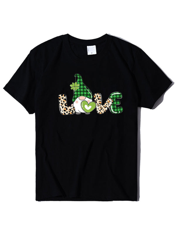 Neues Kurzarm-T-Shirt für Damen mit Leopardenmuster, Liebes- und Kleeblattprint zum St. Patrick's Day 