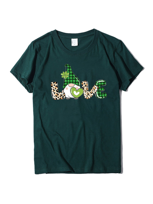 Neues Kurzarm-T-Shirt für Damen mit Leopardenmuster, Liebes- und Kleeblattprint zum St. Patrick's Day 
