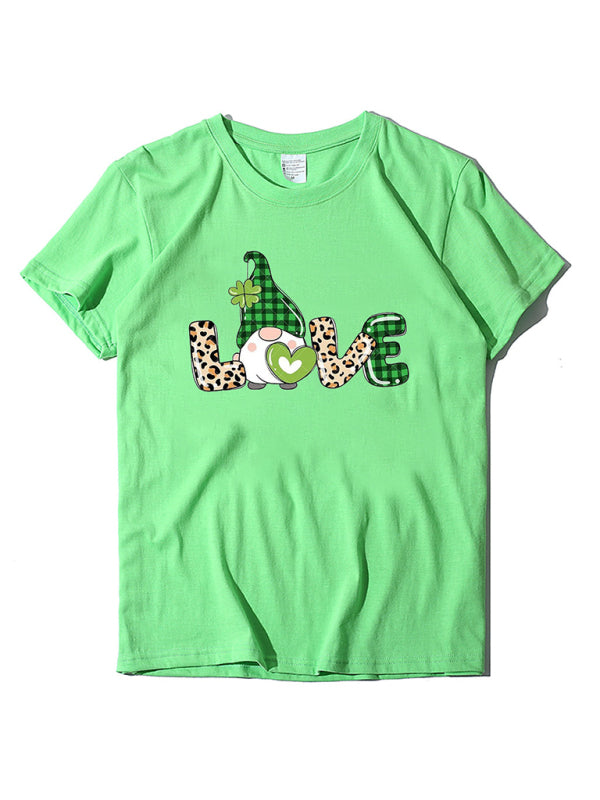 Neues Kurzarm-T-Shirt für Damen mit Leopardenmuster, Liebes- und Kleeblattprint zum St. Patrick's Day 