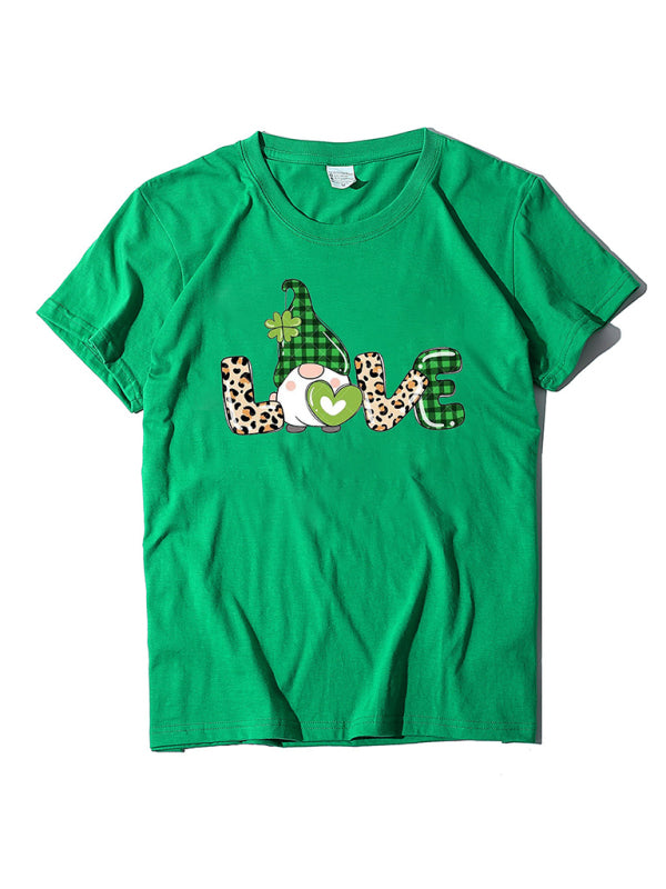 Neues Kurzarm-T-Shirt für Damen mit Leopardenmuster, Liebes- und Kleeblattprint zum St. Patrick's Day 