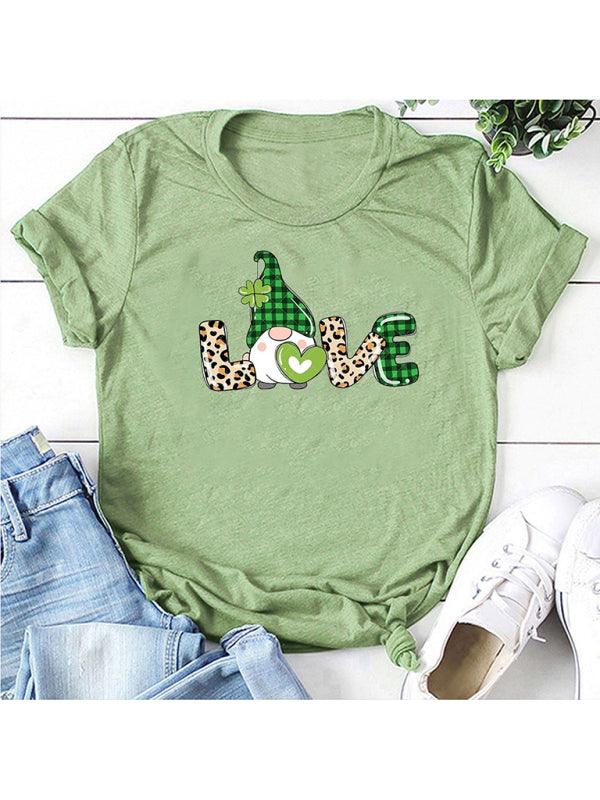 Neues Kurzarm-T-Shirt für Damen mit Leopardenmuster, Liebes- und Kleeblattprint zum St. Patrick's Day 