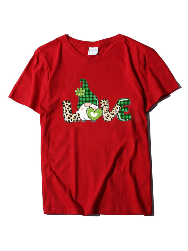 Neues Kurzarm-T-Shirt für Damen mit Leopardenmuster, Liebes- und Kleeblattprint zum St. Patrick's Day 