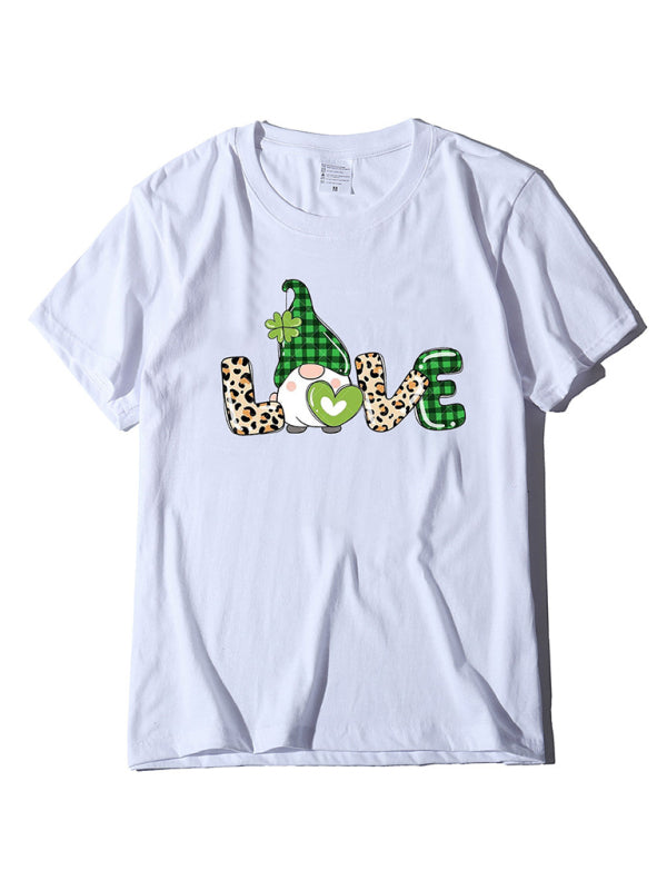 Neues Kurzarm-T-Shirt für Damen mit Leopardenmuster, Liebes- und Kleeblattprint zum St. Patrick's Day 