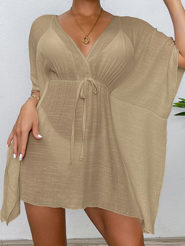 Locker geschnittenes Strandkleid mit überschnittenen Schultern, einfarbig, Sonnenschutzshirt mit Taillenband, Bikini-Überwurf 