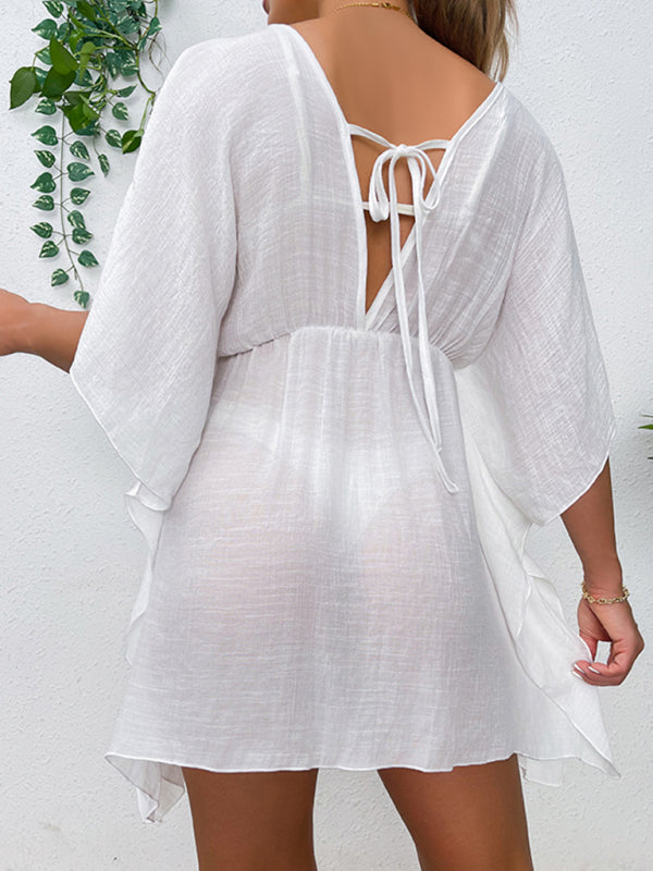 Locker geschnittenes Strandkleid mit überschnittenen Schultern, einfarbig, Sonnenschutzshirt mit Taillenband, Bikini-Überwurf 