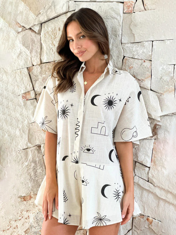 New casual simple printed wide-leg casual short jumpsuit – front view