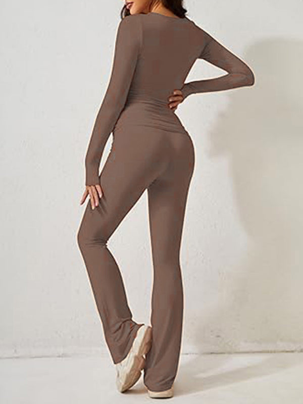 Ensemble décontracté pour femme, couleur unie, coupe slim, manches longues 