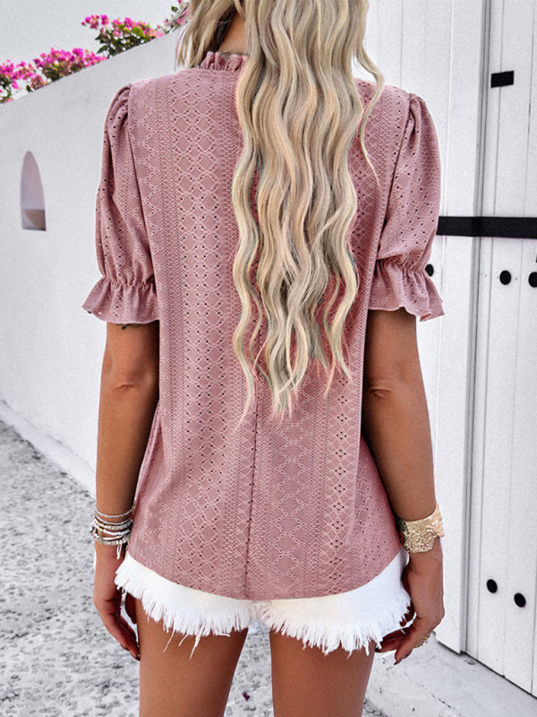 haut décontracté uni à manches courtes et creux 