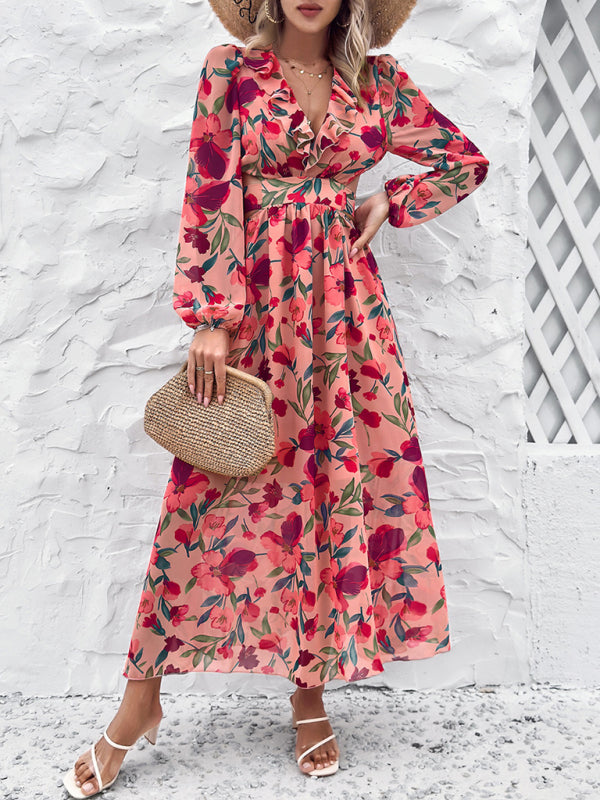 Neues Damen-Freizeitkleid mit V-Ausschnitt, Rüschen an der Taille und luftigem Print für den Urlaub 