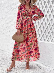 Neues Damen-Freizeitkleid mit V-Ausschnitt, Rüschen an der Taille und luftigem Print für den Urlaub 