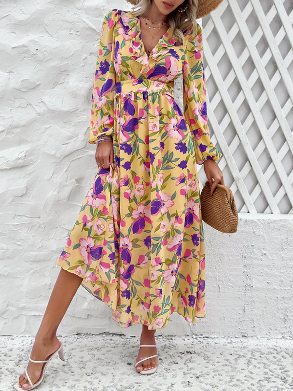 Neues Damen-Freizeitkleid mit V-Ausschnitt, Rüschen an der Taille und luftigem Print für den Urlaub 