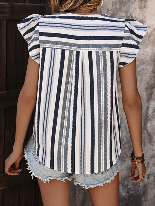 Neues Damen-Pullovershirt mit kontrastfarbenen Streifen und Lotusblattmuster sowie fliegenden Ärmeln 