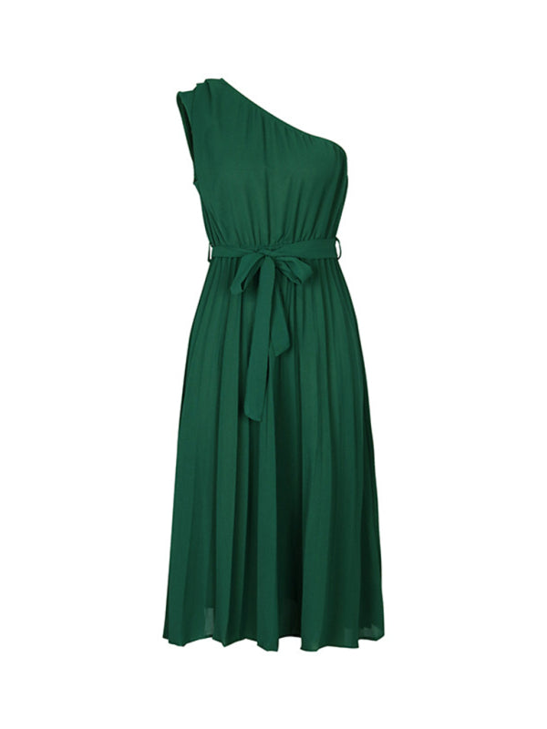 Neues einfarbiges schulterfreies Kleid mit schrägem Ausschnitt für Damen 