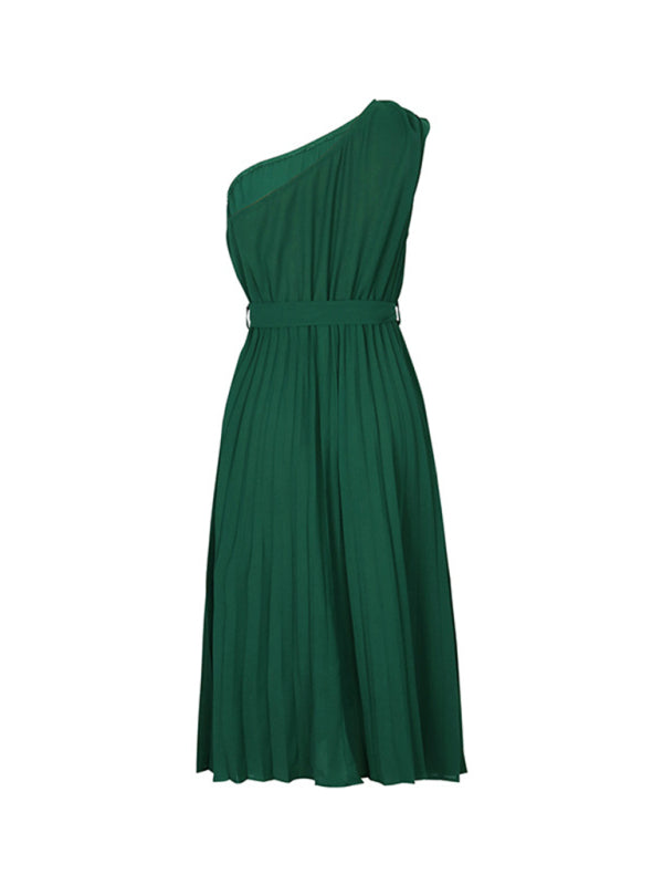 Neues einfarbiges schulterfreies Kleid mit schrägem Ausschnitt für Damen 