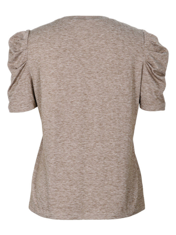 T-shirt à manches bouffantes et empiècements en dentelle pour femme, nouvelle tendance 