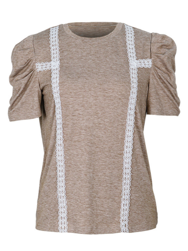 T-shirt à manches bouffantes et empiècements en dentelle pour femme, nouvelle tendance 