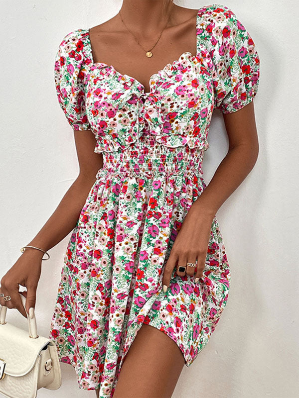 Neues Damenkleid mit hohem Bund, Puffärmeln und Blumenmuster 