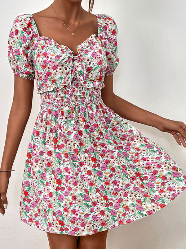Neues Damenkleid mit hohem Bund, Puffärmeln und Blumenmuster 