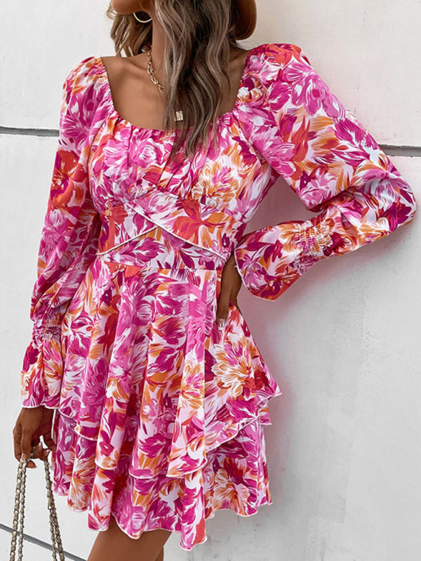 Neues kurzes Kleid mit eckigem Ausschnitt, Blumenmuster und Rüschen 