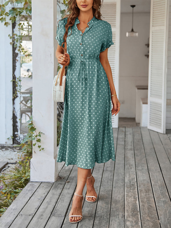 Neues Damen-Kleid mit Hemdkragen, Polka-Dots und Taillenbund, vielseitig kombinierbar 