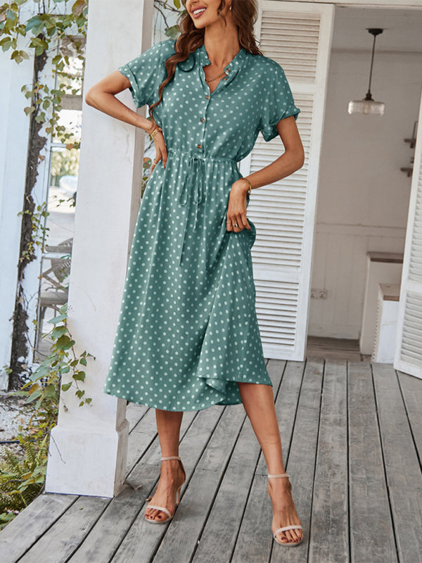 Neues Damen-Kleid mit Hemdkragen, Polka-Dots und Taillenbund, vielseitig kombinierbar 