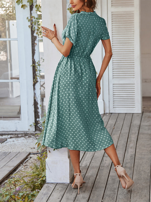 Neues Damen-Kleid mit Hemdkragen, Polka-Dots und Taillenbund, vielseitig kombinierbar 