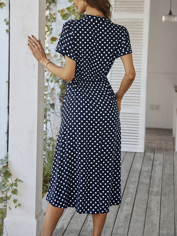 Neues Damen-Kleid mit Hemdkragen, Polka-Dots und Taillenbund, vielseitig kombinierbar 