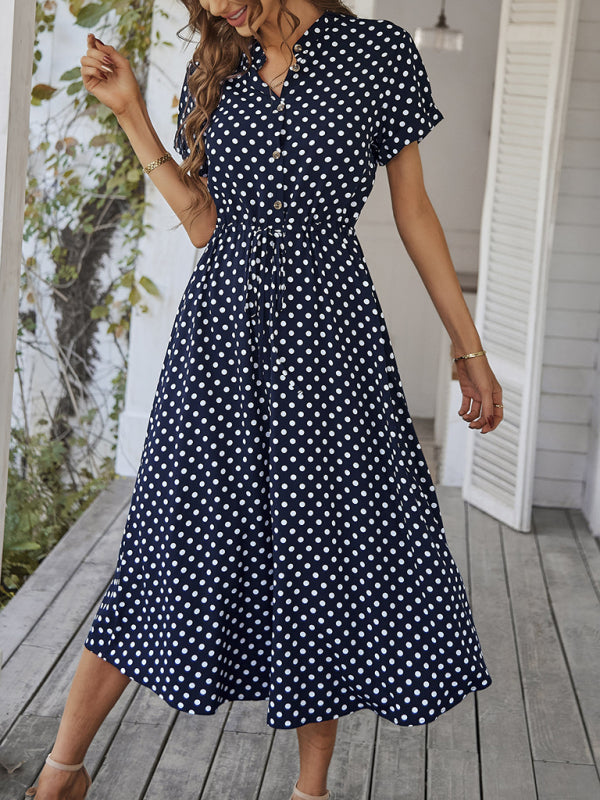 Neues Damen-Kleid mit Hemdkragen, Polka-Dots und Taillenbund, vielseitig kombinierbar 
