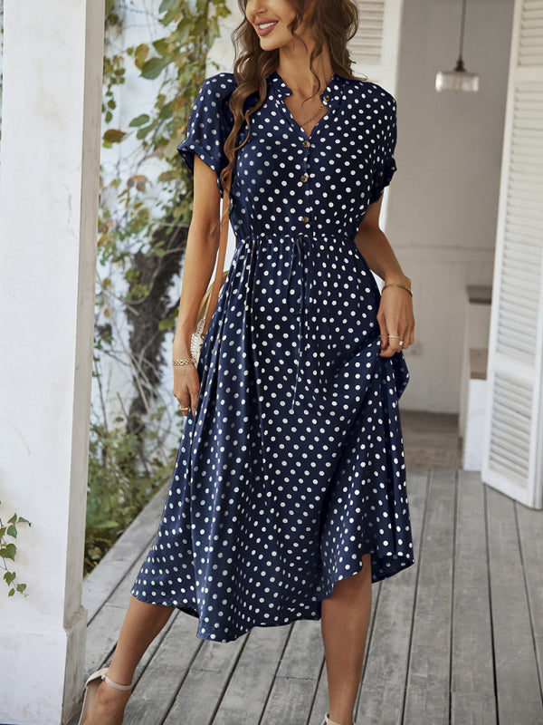 Neues Damen-Kleid mit Hemdkragen, Polka-Dots und Taillenbund, vielseitig kombinierbar 
